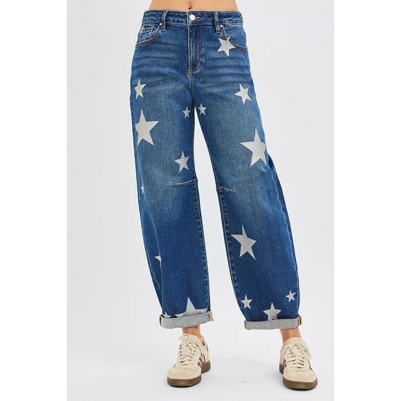 RISEN Mid Rise Ankle Length Relaxed Barrel Star Printed Jeans - Picture 3 of 6